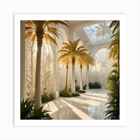 A Bright, White Interior With Ornate Archways, Palm Trees, And Sunlight Streaming Through Patterned Walls, Creating A Serene And Elegant Atmosphere Art Print