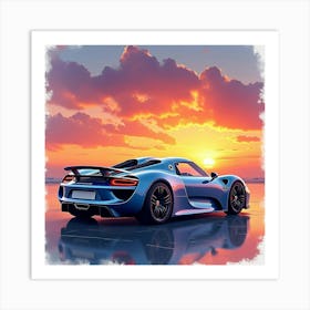 Porsche 918 Spyder Against A Colorful Watercolor Sunset, No Logo Or Signature 1 Art Print