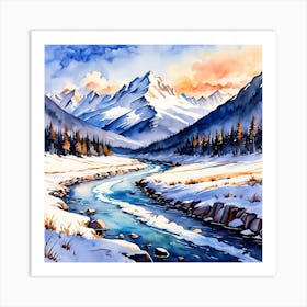 A Serene Watercolor Of A Snowy Mountain Range And A Flowing River 154038090 (2) Art Print