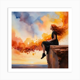 Girl Sitting On A Cliff Art Print