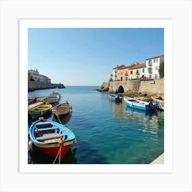 Spanish Coastal Landscape With Colorful Fishing Boats And Calm Waters Art Print