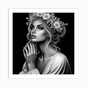 Beautiful Woman With Flowers In Her Hair Art Print