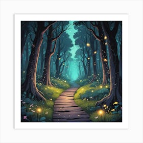 Anime Style Forest At Night With Fireflies (1) Art Print