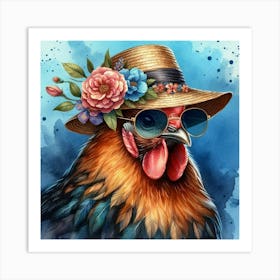 A chicken wearing a straw hat 3 Art Print