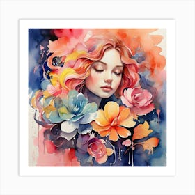 Watercolor Of A Girl With Flowers Art Print