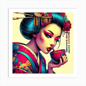 Beautiful Geisha With Traditional Tea Cup Pop Art Color Illustration Art Print