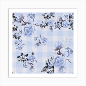 Gingham Ditsy Watercolor Flowers Blue Blueberries Art Print