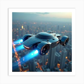 High Tech Flying Car With Glowing Blue Trails, Hovering Through A Cityscape 1 Art Print