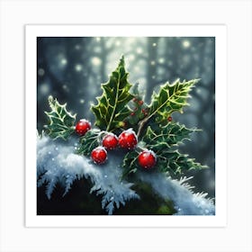 Frosted Ferns and Holly Berries Art Print