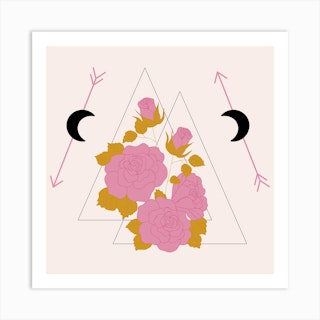 Pink Roses And Geometrics Square Art Print
