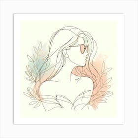 Long Hair Beauty With Glasses And Plants And Some Accent Colors - Line Drawing Art Print