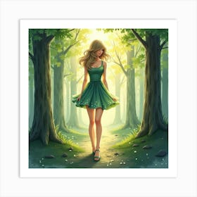 Watercolor Image Of Taylor Swift In A Forest, With Soft, Glowing Light Beams Art Print