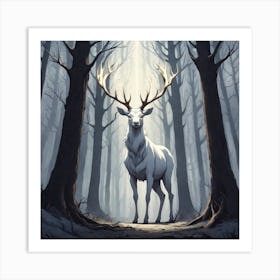 A White Stag In A Fog Forest In Minimalist Style Square Composition 41 Art Print