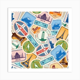 Travel Pattern Immigration Stamps Stickers With Historical Cultural Objects Travelling Visa Immigrant Art Print