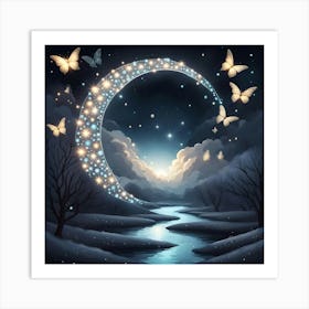 Diamond Moon Over the Ocean with Butterflies Art Print