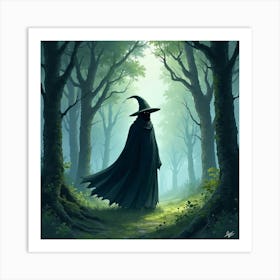 Black Magic Mage In A Watercolor Mysterious Forest 1 Art Print