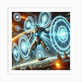 A Sci Fi Action Scene Featuring Orbitron The Cosmic Enforcer Shields Art Print