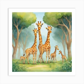 Cute Giraffe Herd Under The Trees Illustration 1 Art Print 2 Art Print