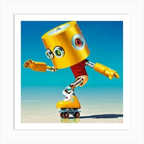 Frightened Robot Balancing On Roller Skates Head Shaped Like A Gold Aluminum Can Catching Reflectio Art Print