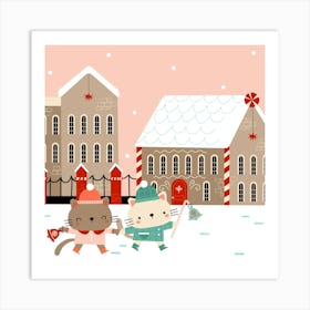 Cute cats walking down the street on Christmas Eve. Merry Christmas. Art Print