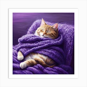 Cat Sleeping In Purple Blanket Art Print