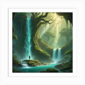 Digital Art Depicting A Serene Waterfall Art Print