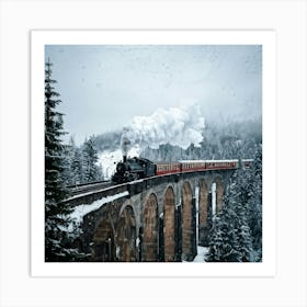 Steam Train Traversing A Snowy Viaduct Enveloped By A Wintery Landscape Styled As A Vintage Travel Art Print