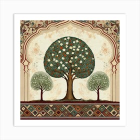 An Elegant Oriental Painting With A Central Tree And Two Accompanying Trees, Reflecting A Harmonious Natural Scene Art Print