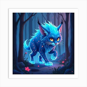 A Whimsical Lynx With A Mane Of Electric Blue Fur Prowling Through A Neon Forest Art Print