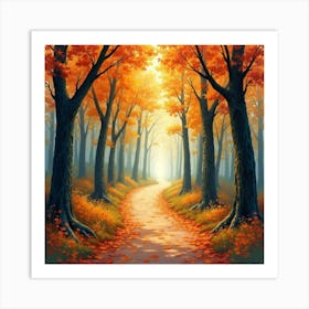 Autumn Walk Through An Ancient Forest, Watercolor With Rich Foliage 1 Art Print