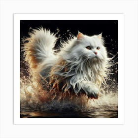 White Cat Running In Water Art Print