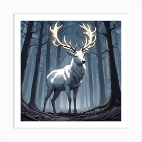 A White Stag In A Fog Forest In Minimalist Style Square Composition 13 Art Print