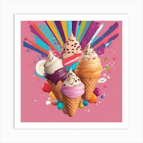 A Playful Design Featuring A Smiling Ice Cream Cone With Different Flavors And Toppings, Against A V Art Print