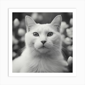 White Cat In Black And White Art Print