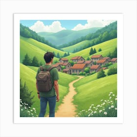 Keanu Reeves In A Tranquil Watercolor Village Surrounded By Green Hills Art Print