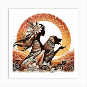 Boho art Silhouette of woman with dog 2 Art Print