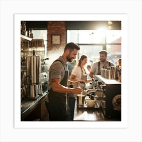 Barista Swiftly Spinning Pouring Water Into A Gleaming Espresso Machine Amidst Morning Rush In Bu (6) Art Print