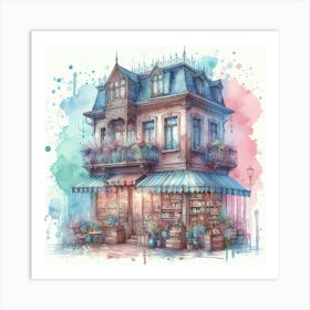 Two storey old bookstore watercolour painting Art Print