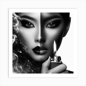 Black And White Portrait Of A Woman With Smoke Art Print