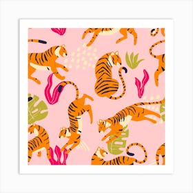 Tiger Pattern On Pink With Tropical Leaves Square Art Print