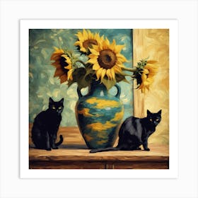 Vase With Three Sunflowers With A Black Cat, Van Gogh Inspired 2 Art Print