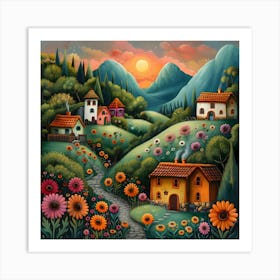 Village At Sunset, Naive, Whimsical, Folk Art Print