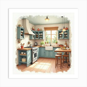 Charming Watercolor Kitchen Scene, Cozy And Detailed 1 Art Print