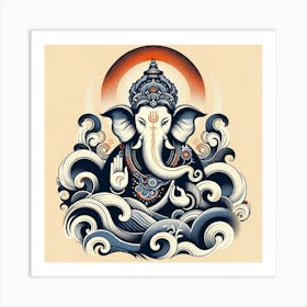 "Oceanic Omnipotence: Lord Ganesha's Serene Dominion" - In this art piece, Lord Ganesha is rendered with a powerful serenity, emerging from oceanic waves that symbolize the flow of life's challenges. The warm halo and the cool, swirling waters around him create a striking contrast, highlighting his role as the remover of obstacles and master of intellect. The use of traditional motifs in a fluid, contemporary style bridges the ancient and the modern, making this piece perfect for spaces that celebrate both spiritual depth and artistic innovation. Art Print