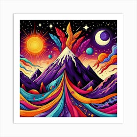 A Mountain With Colorful Streaks Of Ribbon With Purple Feathers Sun And Moon And Star In A Volcano Of Red Flames 4 Art Print