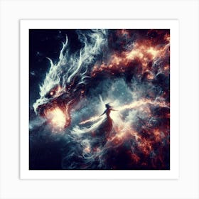 Female magician fights dragon Art Print