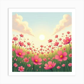 A Field Of Blooming Cosmos Flowers With A Soft, Dreamy Sky 2 Art Print