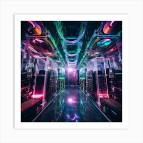 Computer Room With Colorful Lights Art Print