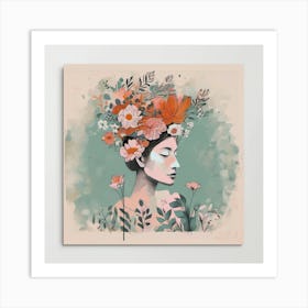 woman portrait with floral head crown  Art Print