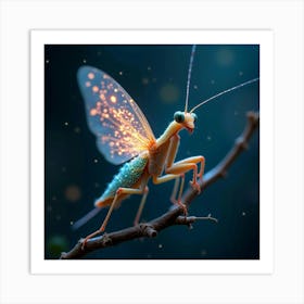 A Whimsical Mantis With Wings Of Glowing, Fractal Light Perched On A Celestial Twig Art Print